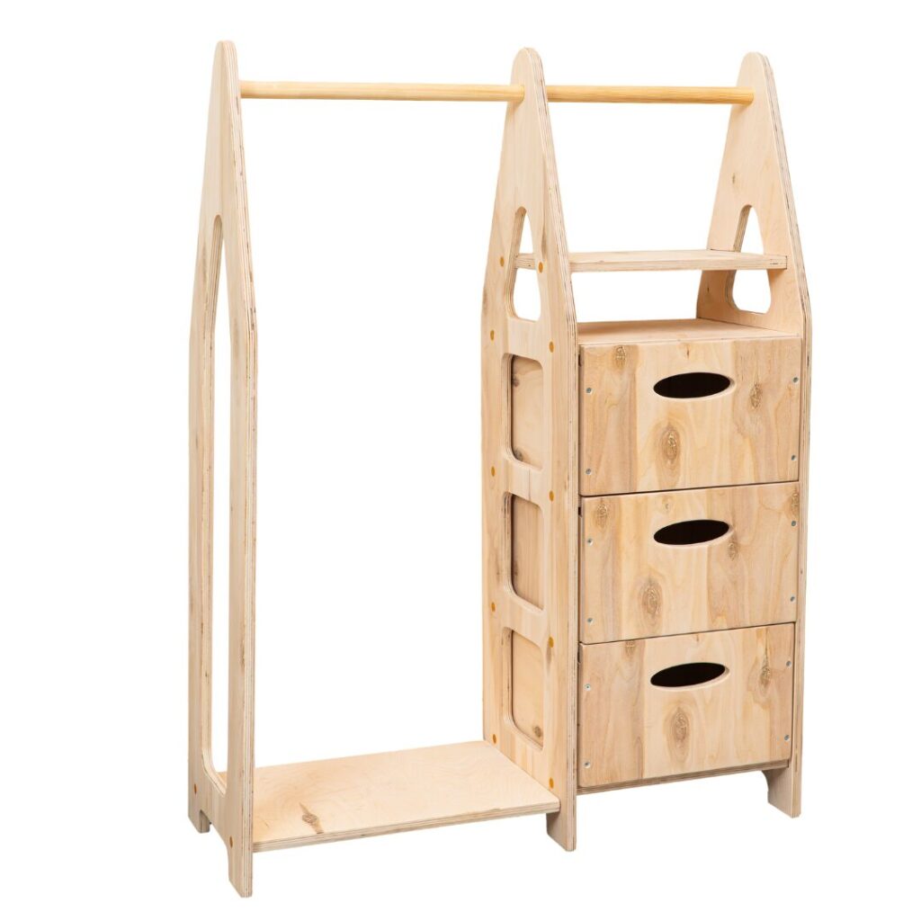 Montessori kinderkledingkast van natuurhout met lades en kledingroede - productafbeelding | Cozy Collections