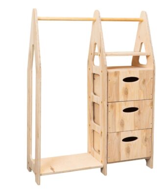 Montessori kinderkledingkast van natuurhout met lades en kledingroede - productafbeelding | Cozy Collections