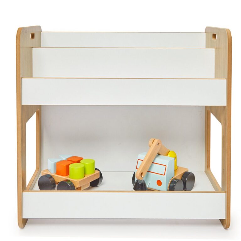 Dove boekenrek met 2 niveaus van natuurhout en wit met Montessori draaggrepen - galeriefoto 2 | Cozy Collections