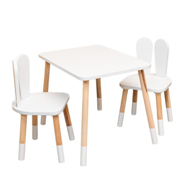 Tafelset met 2 stoeltjes wit konijn van natuurhout | Montessori - productafbeelding | Cozy Collections