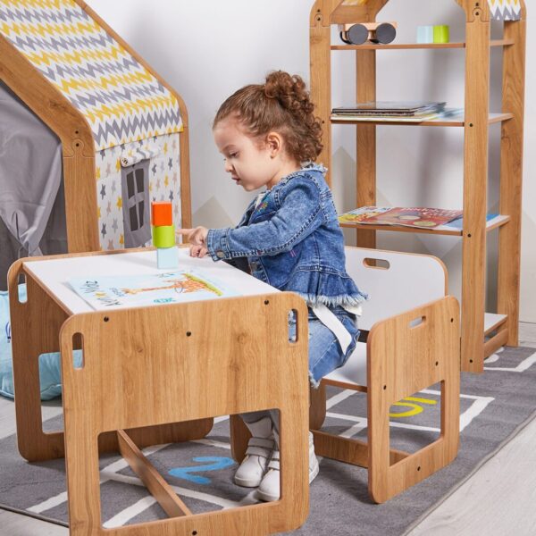 Kindertafel en stoelset van natuurhout en wit | Montessori Dove set 2-4 jaar - productafbeelding | Cozy Collections