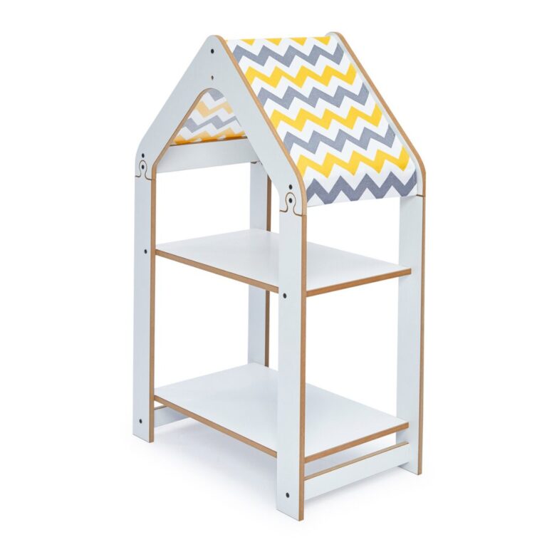 Witte huisjeskast met 2 niveaus | Montessori boekenrek met geel-wit chevrondak - productafbeelding | Cozy Collections