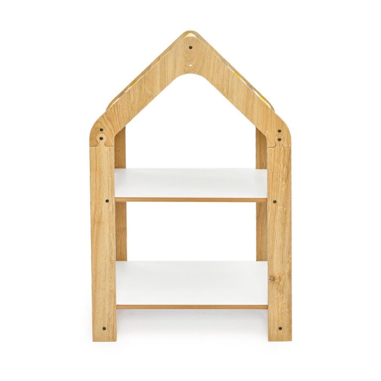 Huisjeskast met 2 niveaus van natuurhout | Montessori kinderboekenrek met stoffen dak - galeriefoto 2 | Cozy Collections