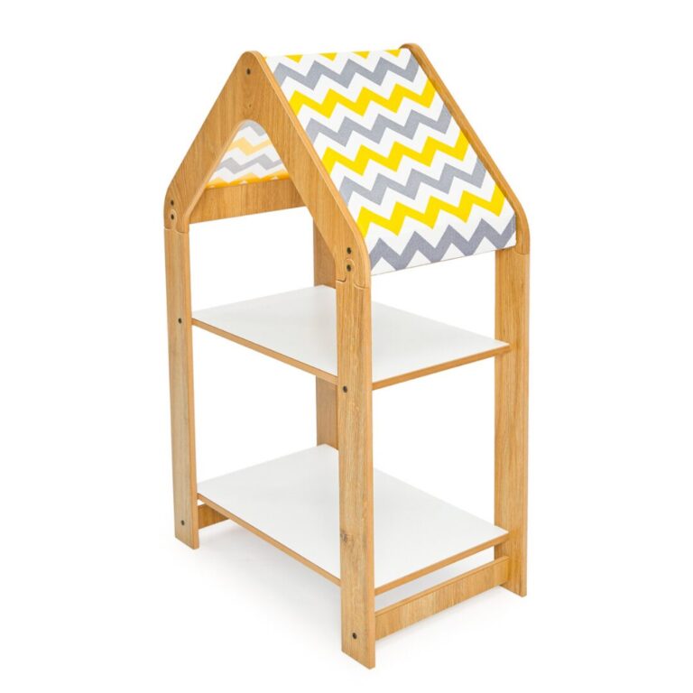 Huisjeskast met 2 niveaus van natuurhout | Montessori kinderboekenrek met stoffen dak - productafbeelding | Cozy Collections