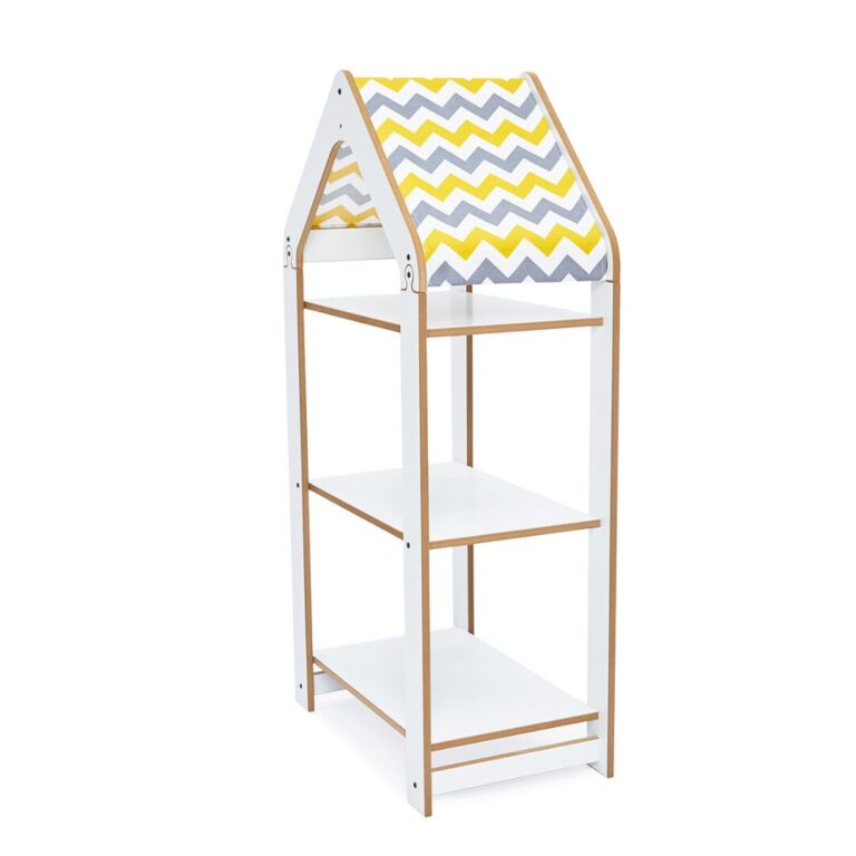 Hoge witte huisjeskast met 3 niveaus | Montessori boekenrek 100 cm met geel chevrondak - productafbeelding | Cozy Collections