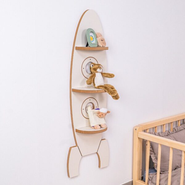 Wandrek raket van wit en natuurhout | 3 opbergvakken - productafbeelding | Cozy Collections