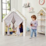Wit kinderspeelhuis met stoffen tent | Montessori hut in geel en grijs - productafbeelding | Cozy Collections