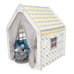 Wit kinderspeelhuis met stoffen tent | Montessori hut in geel en grijs - galeriefoto 1 | Cozy Collections