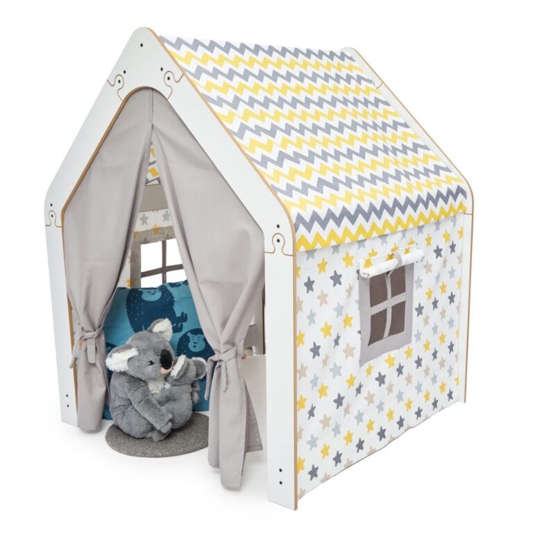 Wit kinderspeelhuis met stoffen tent | Montessori hut in geel en grijs - galeriefoto 1 | Cozy Collections
