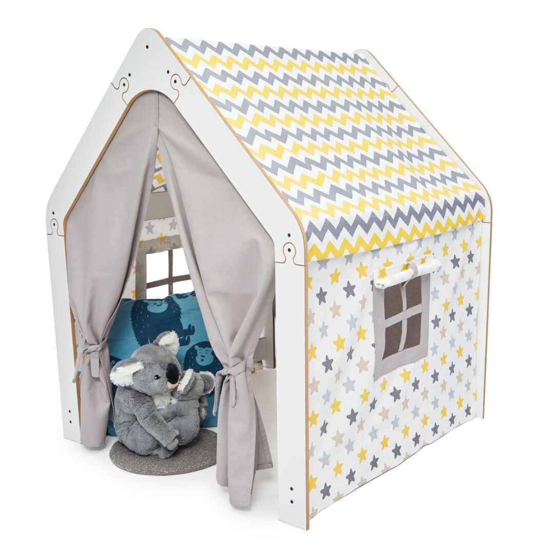Wit kinderspeelhuis met stoffen tent | Montessori hut in geel en grijs - galeriefoto 1 | Cozy Collections