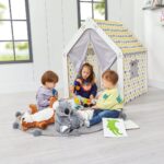 Wit kinderspeelhuis met stoffen tent | Montessori hut in geel en grijs - galeriefoto 2 | Cozy Collections