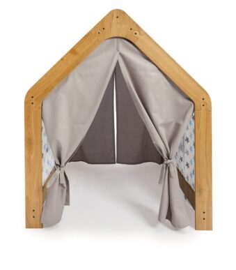 Houten kinderspeelhuis met blauw-grijze stoffen tent | Montessori sterrenhut - galeriefoto 1 | Cozy Collections