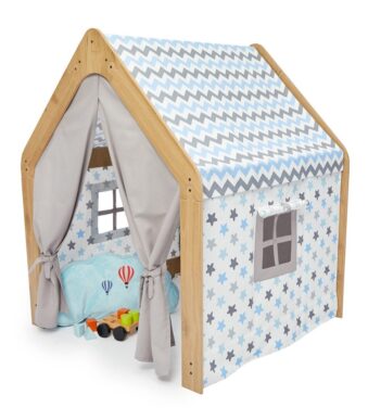 Houten kinderspeelhuis met blauw-grijze stoffen tent | Montessori sterrenhut - productafbeelding | Cozy Collections
