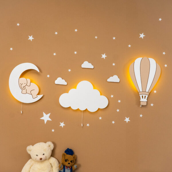 LED-wandlamp olifant op handgeschilderde houten maan - Complete set met 3 delen - productafbeelding | Cozy Collections