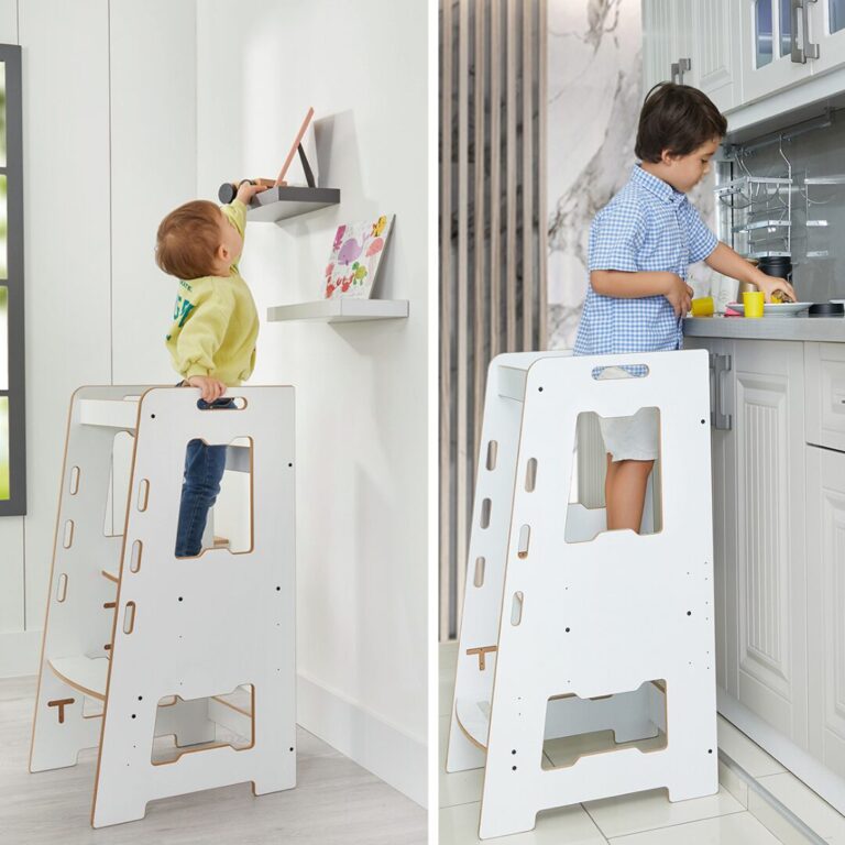 Montessori leertoren van massief wit hout | Verstelbaar opstapje voor 2-6 jaar - galeriefoto 1 | Cozy Collections