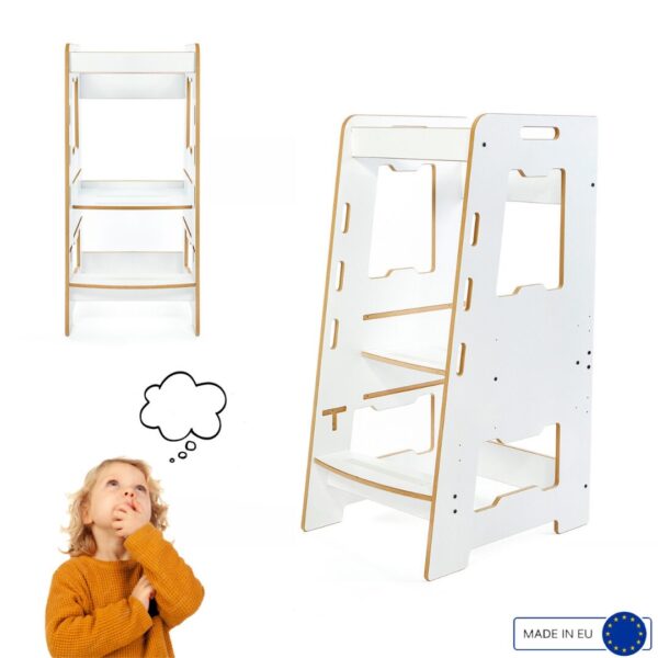 Montessori leertoren van massief wit hout | Verstelbaar opstapje voor 2-6 jaar - productafbeelding | Cozy Collections