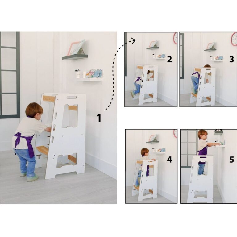 Montessori leertoren van wit en natuurhout | Verstelbaar opstapje voor 2-6 jaar - galeriefoto 2 | Cozy Collections