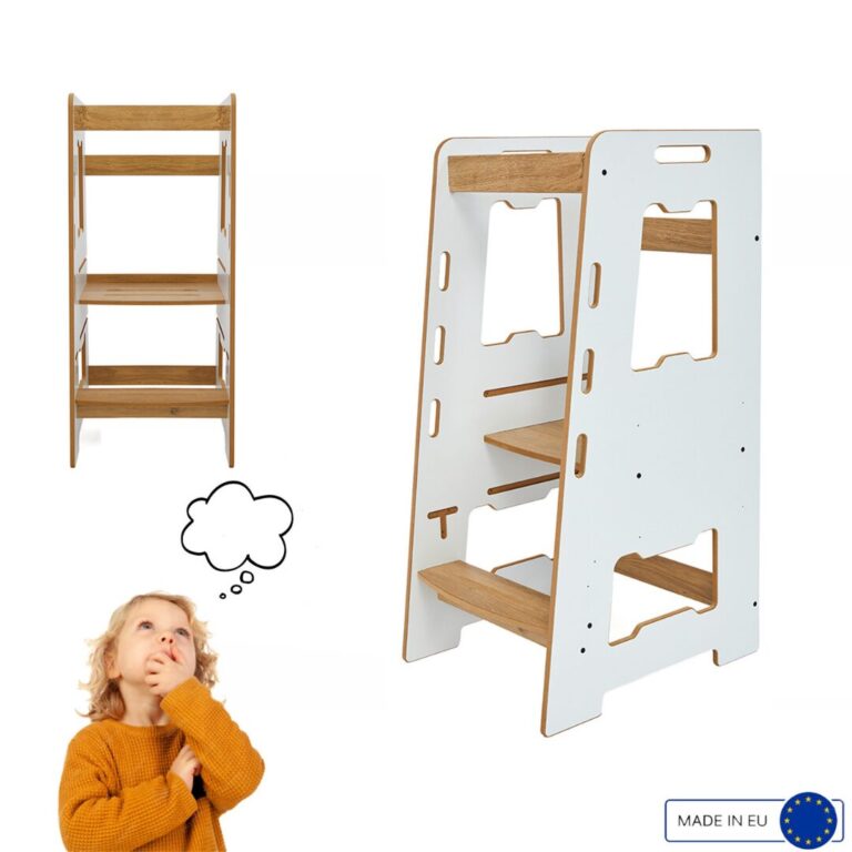 Montessori leertoren van wit en natuurhout | Verstelbaar opstapje voor 2-6 jaar - productafbeelding | Cozy Collections