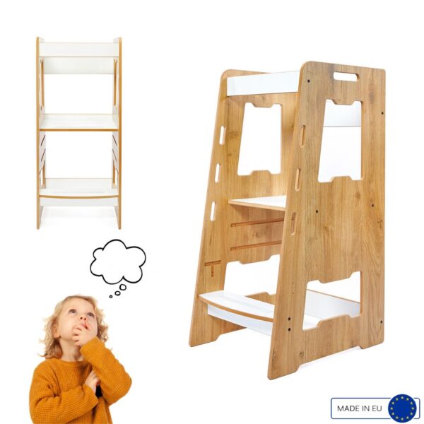 Montessori leertoren van natuurhout met witte platforms | Verstelbaar voor 2-6 jaar - productafbeelding | Cozy Collections