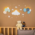 LED-wandlamp set met 3 luchtballonnen van handgeschilderd hout op batterij - Trioset wolk + Blauwe ballonnen + Groene ballonnen - productafbeelding | Cozy Collections