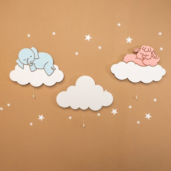 LED-wandlamp set olifant & lammetje op wolken van handgeschilderd hout - Trio Olifant + Lammetje + wolk - productafbeelding | Cozy Collections