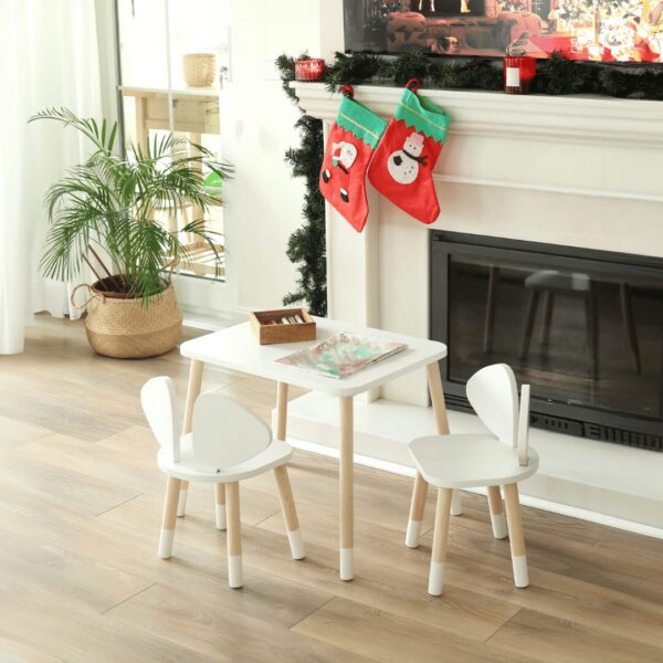 Tafelset met 2 stoeltjes met hondenoren van wit en natuurhout | Design Puppy