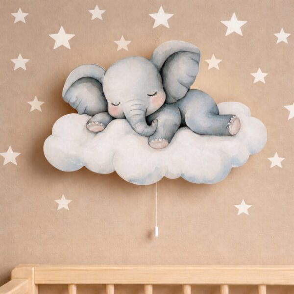 Wandnachtlamp olifant slapend op wolk | Houten LED nachtlamp