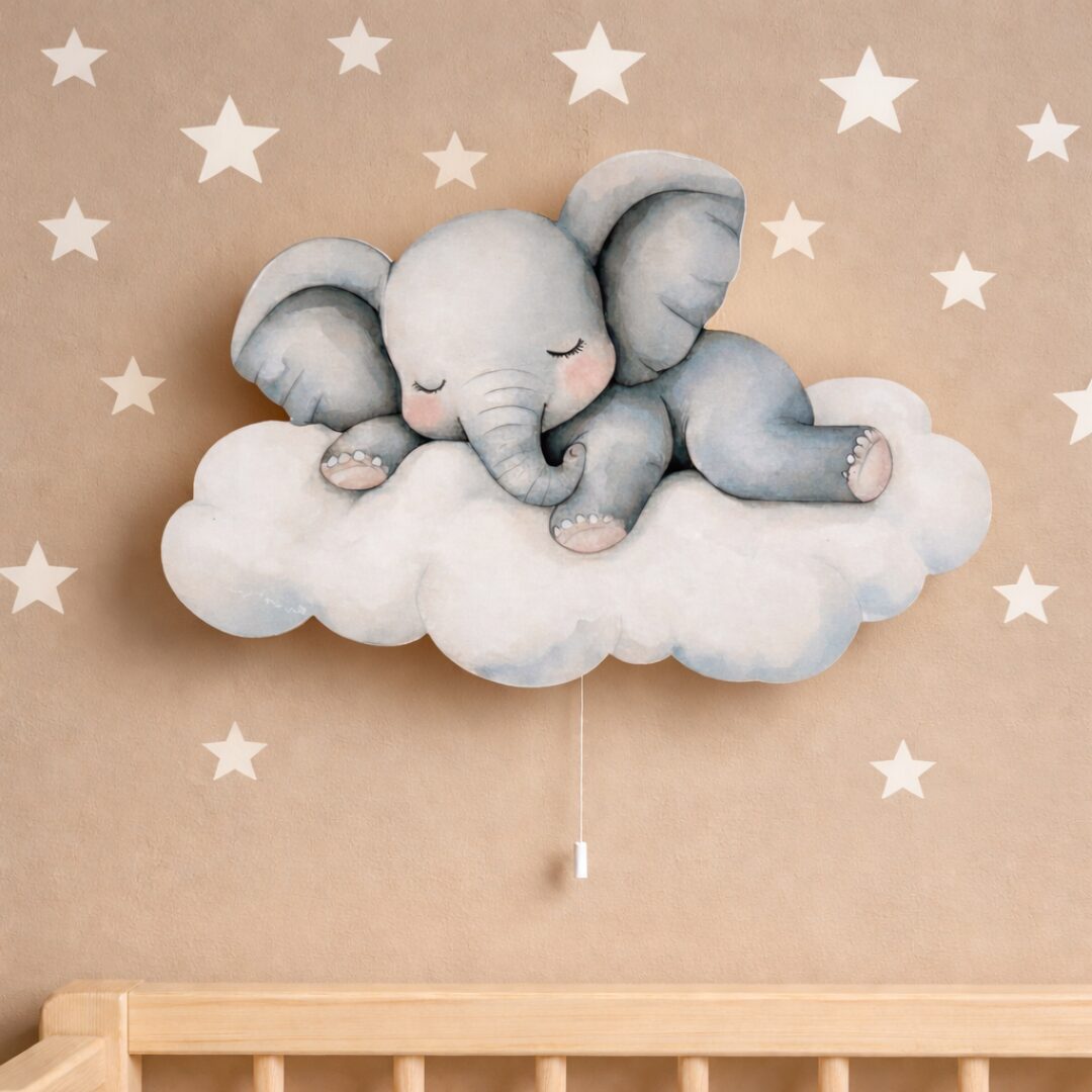 Wandnachtlamp olifant slapend op wolk | Houten LED nachtlamp Wandnachtlamp olifant slapend op wolk | Houten LED nachtlamp
