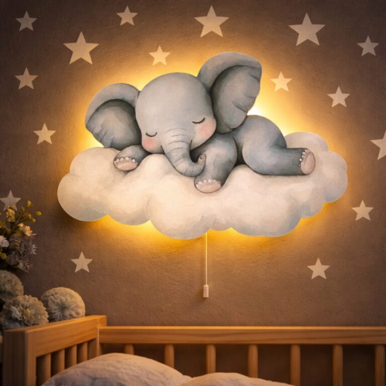 Wandnachtlamp olifant slapend op wolk | Houten LED nachtlamp