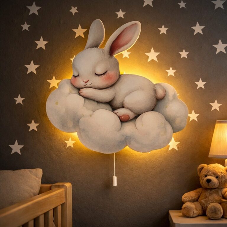Wandnachtlamp konijntje op wolk | Houten LED nachtlamp