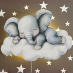 Wandnachtlamp olifant slapend op wolk | Houten LED nachtlamp