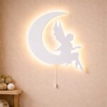 Fee op de maan LED-wandnachtlamp van hout | Houten LED nachtlamp