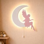 Fee op de maan LED-wandnachtlamp van hout | Houten LED nachtlamp