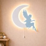 Fee op de maan LED-wandnachtlamp van hout | Houten LED nachtlamp