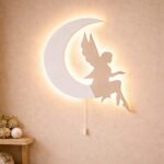 Fee op de maan LED-wandnachtlamp van hout | Houten LED nachtlamp