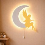 Fee op de maan LED-wandnachtlamp van hout | Houten LED nachtlamp