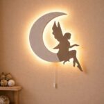 Fee op de maan LED-wandnachtlamp van hout | Houten LED nachtlamp