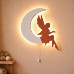 Fee op de maan LED-wandnachtlamp van hout | Houten LED nachtlamp