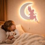 Fee op de maan LED-wandnachtlamp van hout | Houten LED nachtlamp