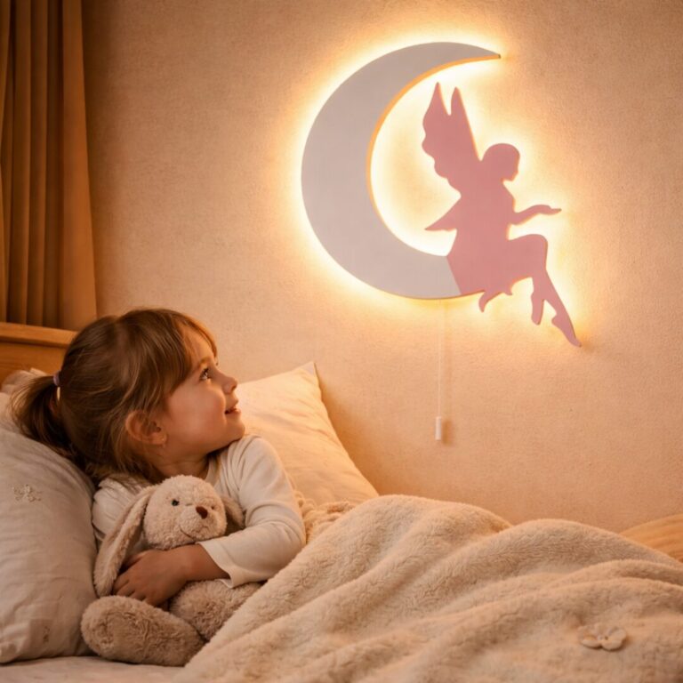 Fee op de maan LED-wandnachtlamp van hout | Houten LED nachtlamp