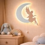 Fee op de maan LED-wandnachtlamp van hout | Houten LED nachtlamp