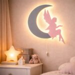Fee op de maan LED-wandnachtlamp van hout | Houten LED nachtlamp
