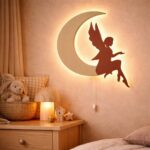 Fee op de maan LED-wandnachtlamp van hout | Houten LED nachtlamp