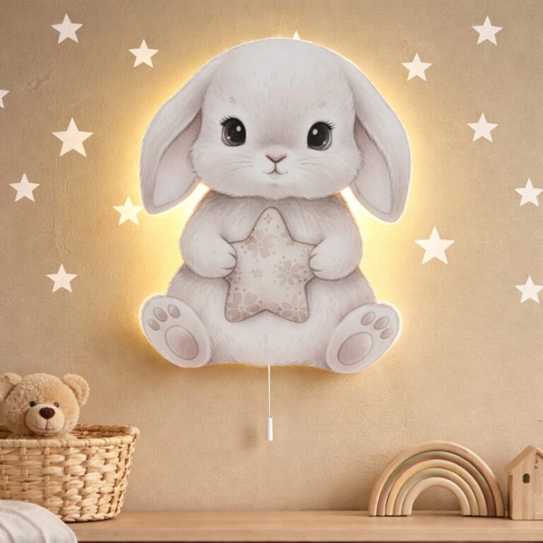 Grijs konijn met ster LED-wandnachtlamp | Houten LED nachtlamp