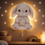 Grijs konijn met ster LED-wandnachtlamp | Houten LED nachtlamp