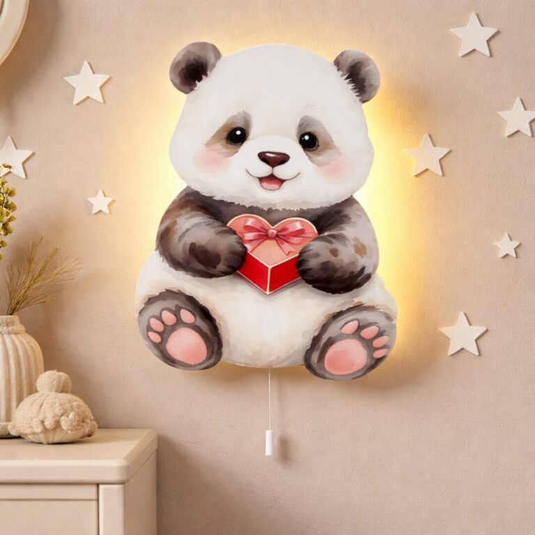 Kawaii panda met hart LED-wandnachtlamp | Houten LED nachtlamp
