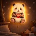 Kawaii panda met hart LED-wandnachtlamp | Houten LED nachtlamp