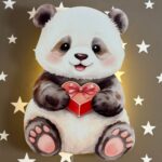 Kawaii panda met hart LED-wandnachtlamp | Houten LED nachtlamp