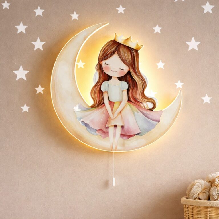 Prinses op de maan LED-wandnachtlamp | Houten LED nachtlamp