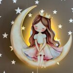 Prinses op de maan LED-wandnachtlamp | Houten LED nachtlamp